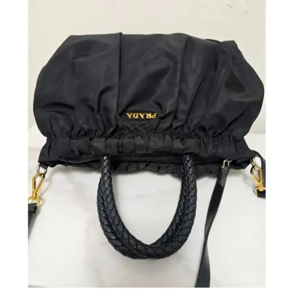 PRADA Authentic Tessuto Gaufre Ruched Nylon Satchel Handbag Black Gold Crossbody